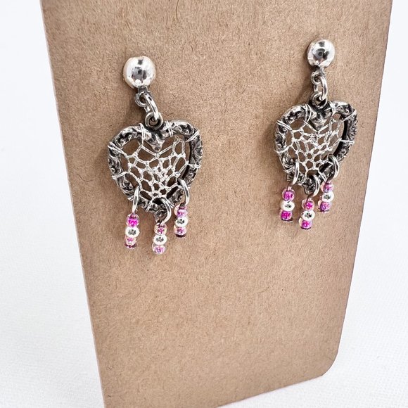 New / Hand Crafted - Silver Tone Heart Dreamcatcher & Pink Beaded Post Earrings. - Picture 7 of 7